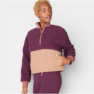 FABLETICS Mallory Fleece Half Zip Maroon and Beige Pullover, Size M
